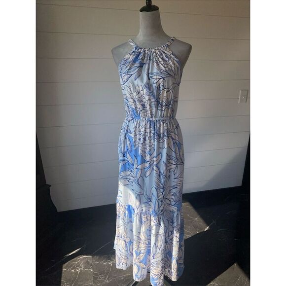 Halston H Halter Maxi Dress Size Small  Blue And White - Picture 1 of 11